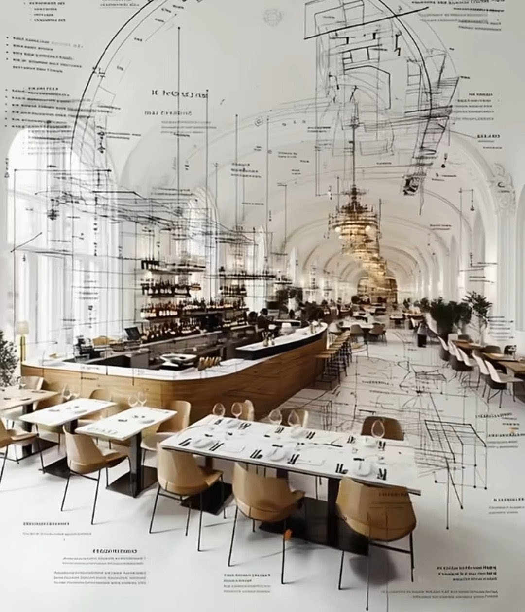 A grand dining hall resolved and un-resolved at once — finished surfaces fading into the generative wireframe and annotation layer that produced them.