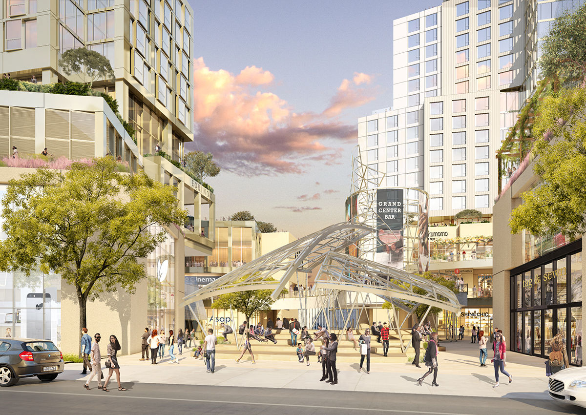 The developer's rendering of the future district — a projection, not a photograph. The gap between this image and the aerial of the site as it stands today is precisely the distance the $172 million is betting it can close.